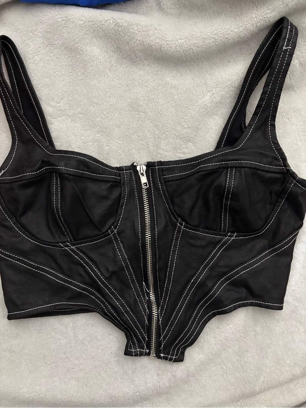 Black Contrast-Stitch Zip Front Bustier Top